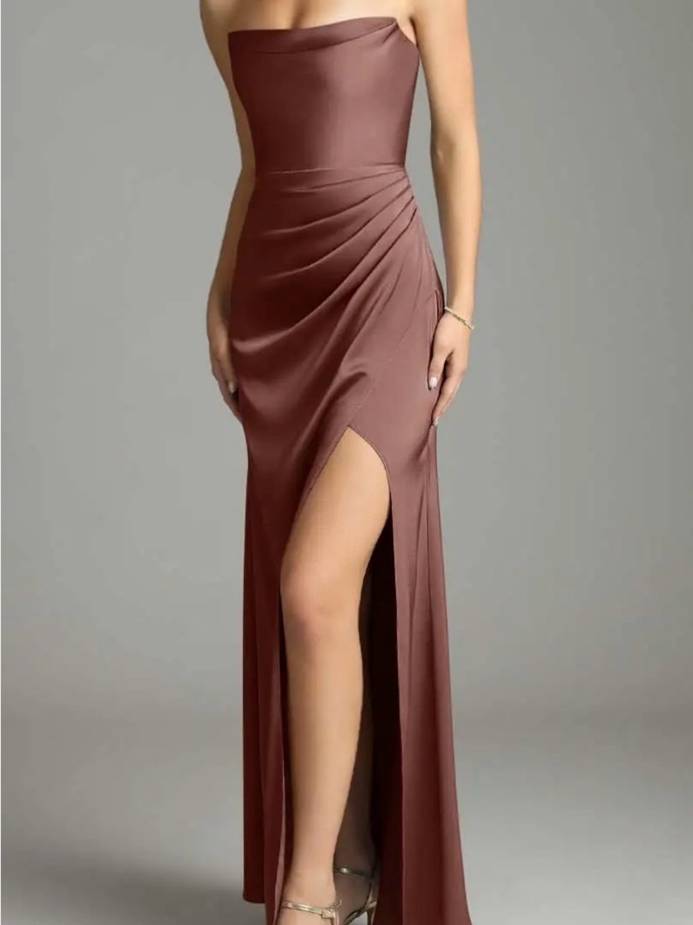 Azazie Leonis Stretch Espresso Mermaid Pleated Stretch Satin Dress Size 4
